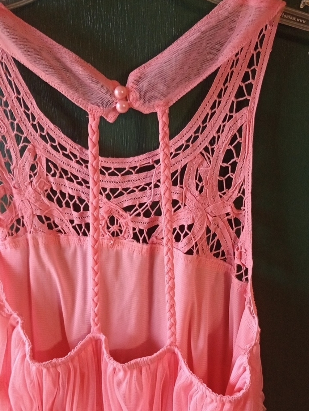 Rebellion Pink Crochet Yoke Tiered Chiffon Dress Sz Med - Picture 3 of 6